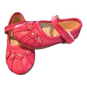 Girls Pink Mary Jane Dress Shoes w/ Floral Appliqués & Rhinestones Size 10